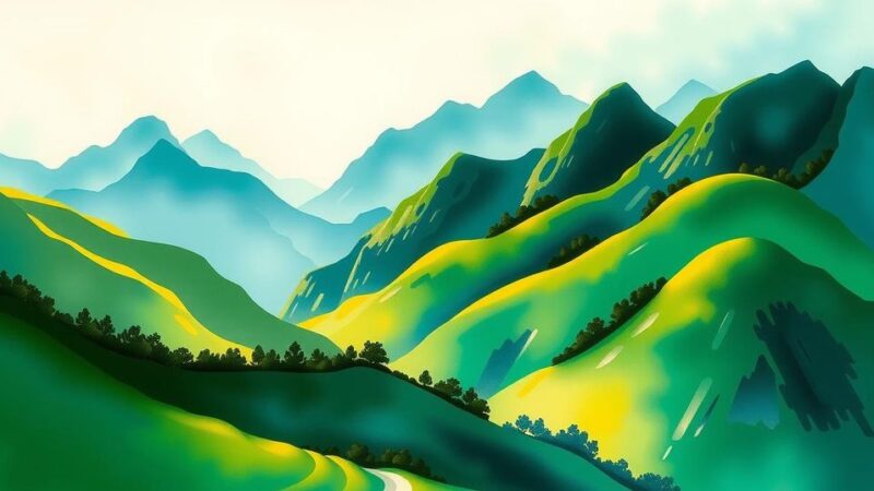 Scenic view of green mountains and valleys representing Vietnam and Laos cooperation, with bright nature colors.