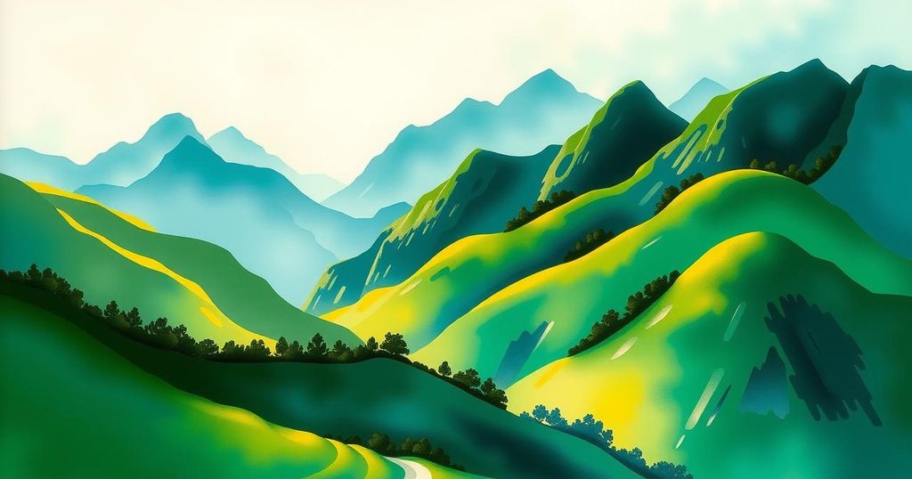 Scenic view of green mountains and valleys representing Vietnam and Laos cooperation, with bright nature colors.