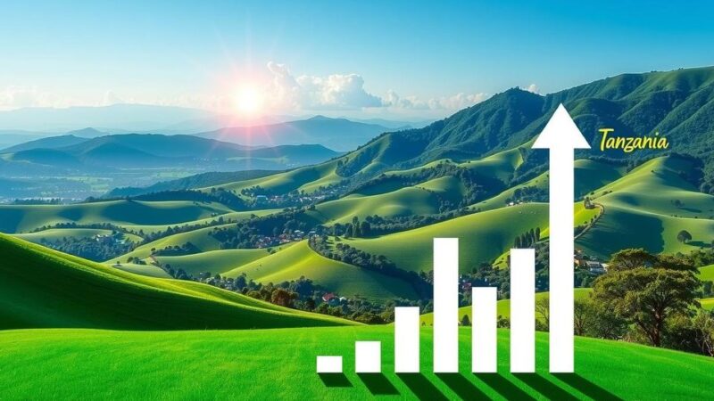Tanzania's landscape showcasing economic growth with financial symbols and green hills in a bright sky.