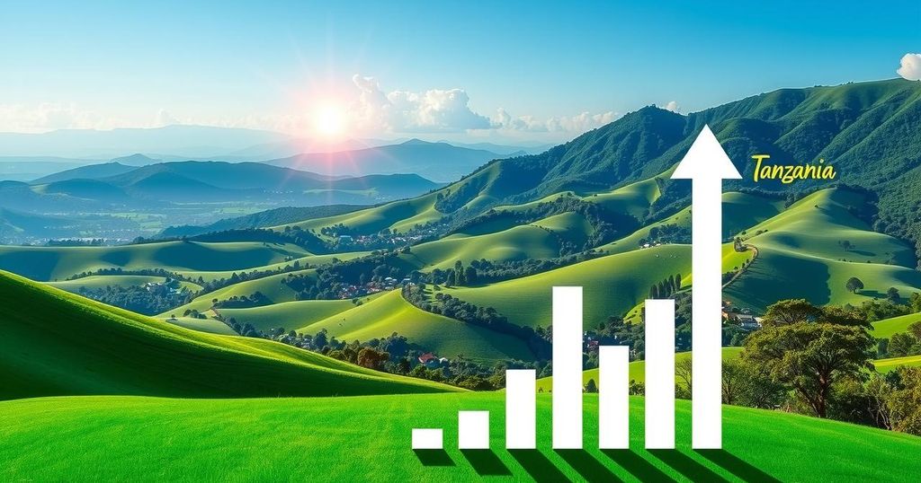 Tanzania's landscape showcasing economic growth with financial symbols and green hills in a bright sky.