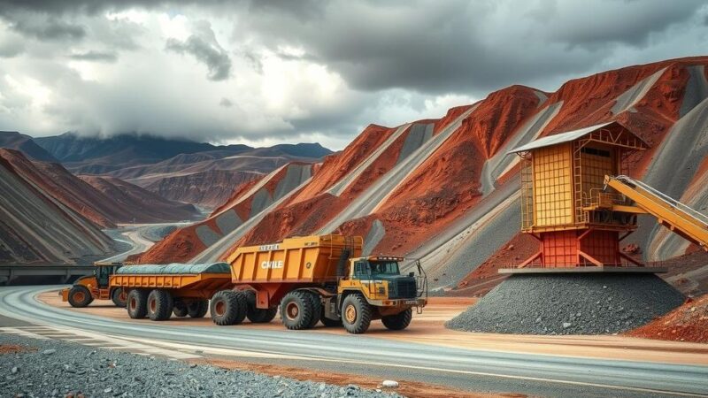 A copper mine landscape with mining infrastructure under a cloudy sky, showcasing the economic effects of elections in Chile.