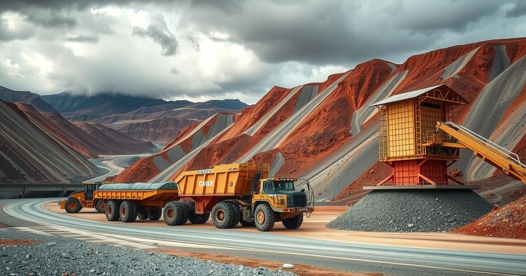 A copper mine landscape with mining infrastructure under a cloudy sky, showcasing the economic effects of elections in Chile.