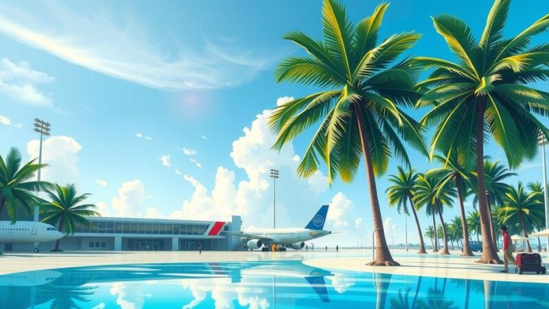 A serene airport landscape with tropical trees and a blue sky, representing an athletic practice setting in Dominica.