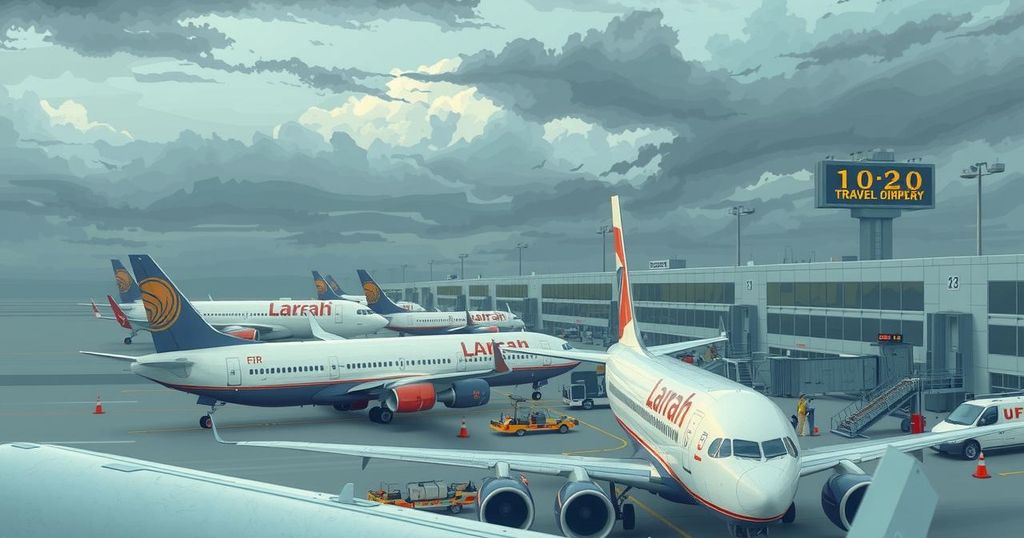 Airplanes grounded at airports, showcasing global flight chaos amid travel disruptions on flight schedules.