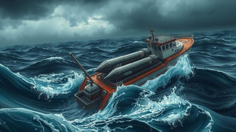 Conceptual art depicting a small boat with missile components against a dramatic ocean backdrop, in dark tones.