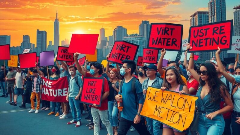 A vibrant, expressive scene of a protest in a cityscape, with colorful banners and a diverse crowd symbolizing youth activism.