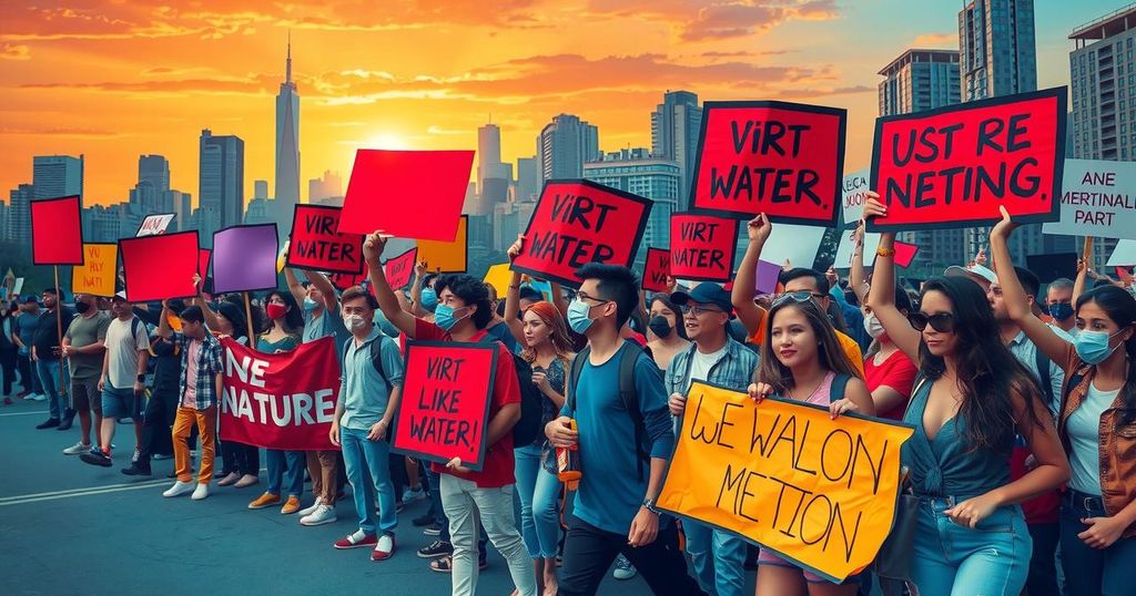 A vibrant, expressive scene of a protest in a cityscape, with colorful banners and a diverse crowd symbolizing youth activism.