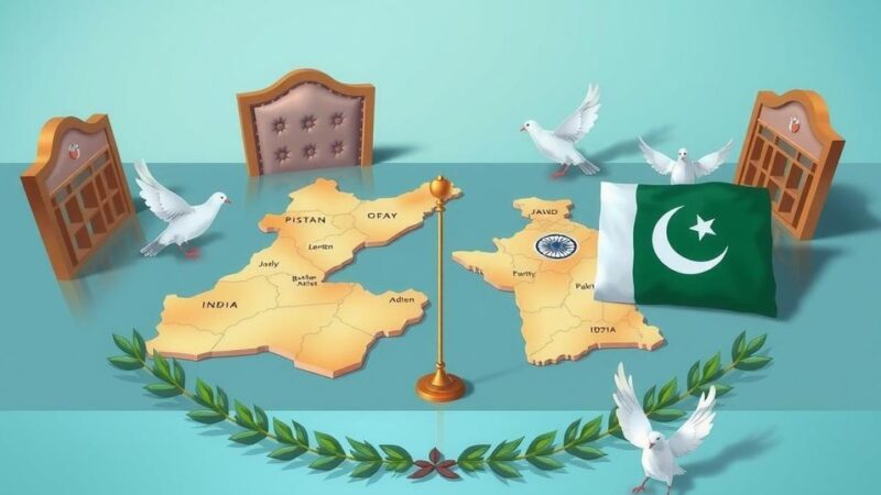A diplomatic scene showcasing a negotiation table with maps and flags of India and Pakistan, symbolizing peace efforts.