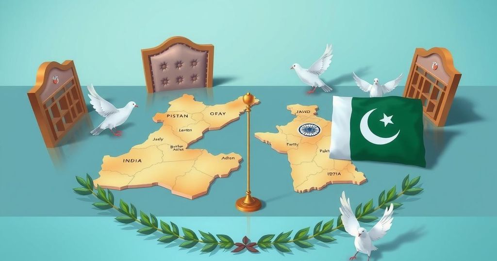 A diplomatic scene showcasing a negotiation table with maps and flags of India and Pakistan, symbolizing peace efforts.
