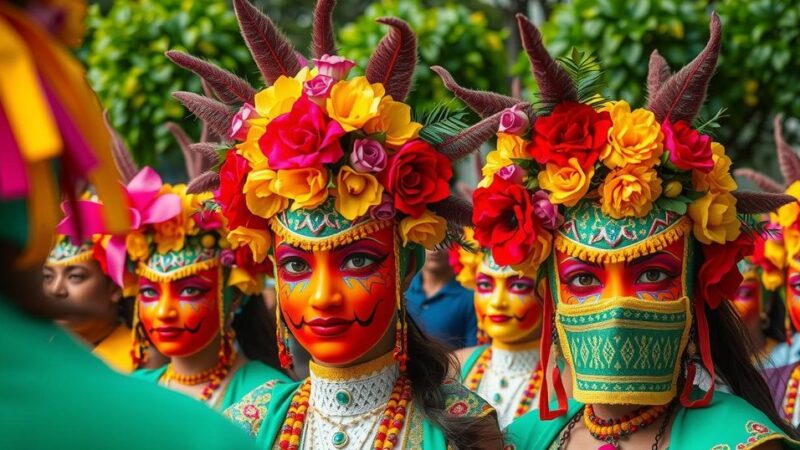 Colorful floral headpieces and masks celebrate Holy Spirit at Brazil's Cavalhadas festival, capturing vibrant culture.