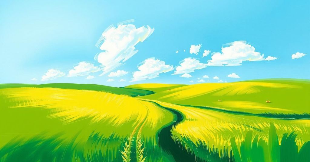 A serene landscape with vibrant green fields and a clear blue sky, inspired by impressionist art style.