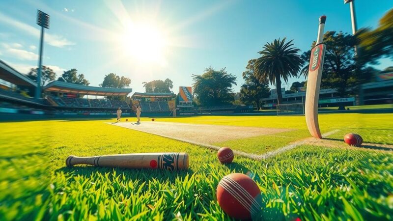 Cricket scene highlighting a vibrant match between teams, showcasing cricket bats, balls, and a sunny field.