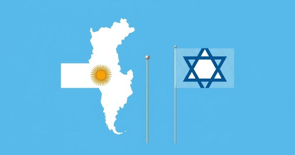 A symbolic representation of Argentina's support for Israel, featuring flags and a map highlighting Jerusalem and Buenos Aires.