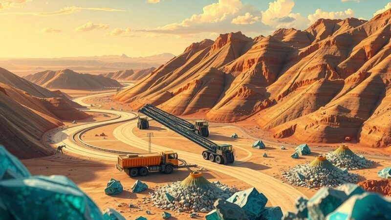 A vibrant landscape of lithium mining operations in Zimbabwe, showcasing diverse machinery and mineral samples in warm tones.