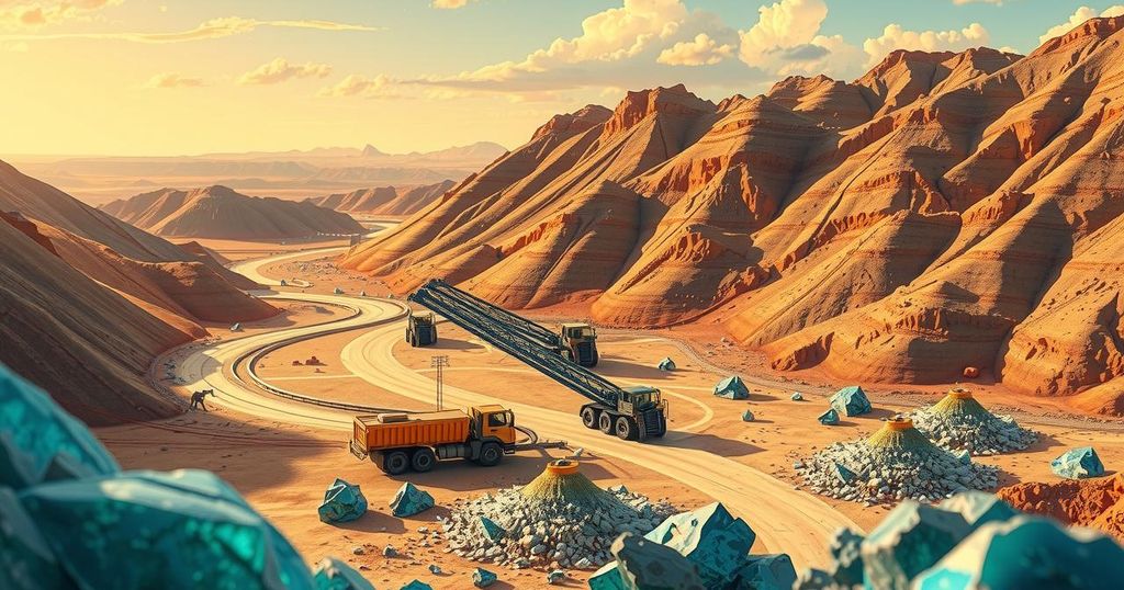 A vibrant landscape of lithium mining operations in Zimbabwe, showcasing diverse machinery and mineral samples in warm tones.