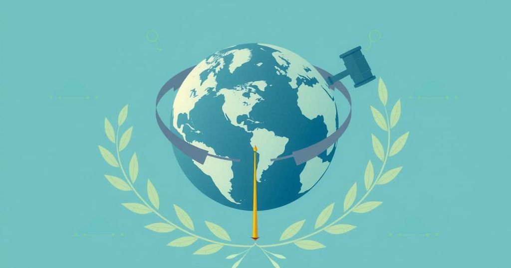 A diplomatic concept illustration featuring a globe, olive branches, and international law symbols, in calming blue and green tones.