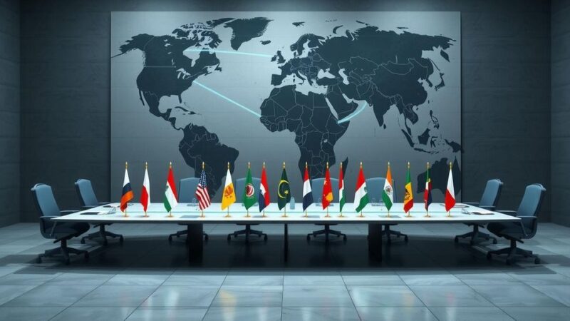 A dynamic and vibrant illustration of a United Nations Security Council meeting focused on global issues.