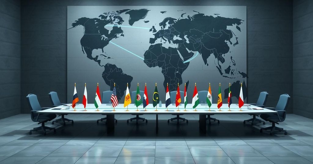A dynamic and vibrant illustration of a United Nations Security Council meeting focused on global issues.