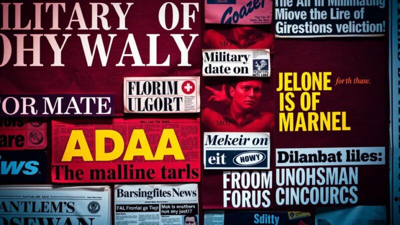 A collage depicting newspaper headlines about military actions with bold text and contrasting colors.