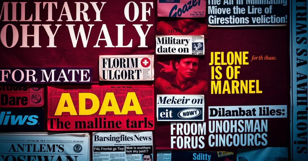 A collage depicting newspaper headlines about military actions with bold text and contrasting colors.