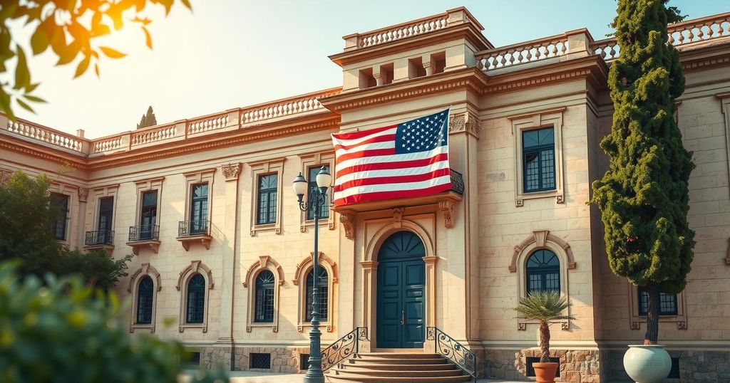 A historical residence in Syria with an American flag, symbolizing ties between Washington and Damascus.