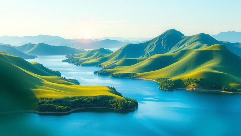 Abstract landscape featuring vibrant greens and deep blues reflecting peace and hope in Congo and Rwanda negotiations.