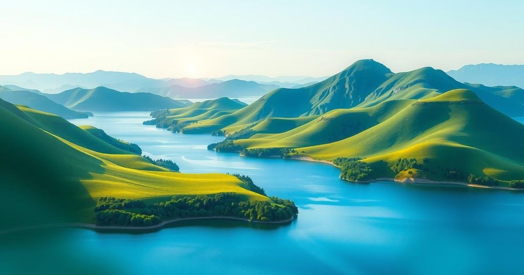 Abstract landscape featuring vibrant greens and deep blues reflecting peace and hope in Congo and Rwanda negotiations.