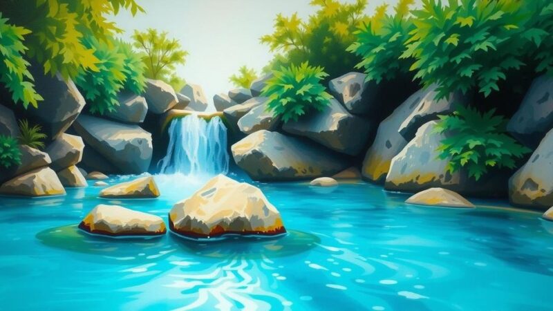 Calm Chilean water plunge scene highlighting natural beauty with serene blues and greens in a minimalist landscape.