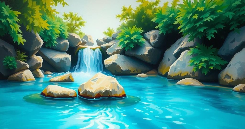Calm Chilean water plunge scene highlighting natural beauty with serene blues and greens in a minimalist landscape.