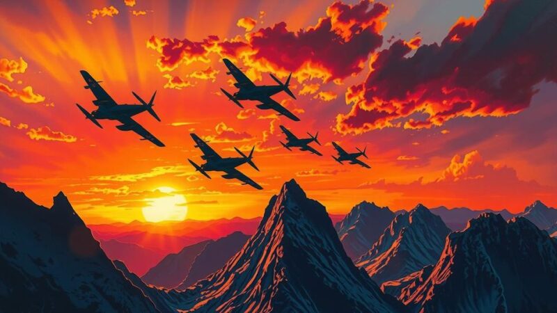Bold depiction of military aircraft flying over a mountainous landscape under a dramatic sunset, symbolizing conflict and power.