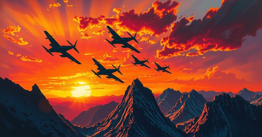 Bold depiction of military aircraft flying over a mountainous landscape under a dramatic sunset, symbolizing conflict and power.