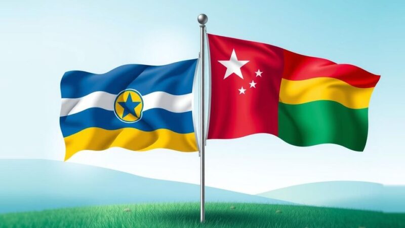 Rwanda and Congo flags symbolizing unity and peace agreement with green and blue background.