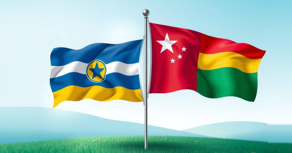 Rwanda and Congo flags symbolizing unity and peace agreement with green and blue background.