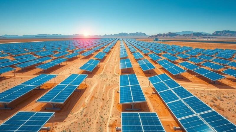 A vast solar energy farm in a desert landscape, showcasing photovoltaic panels under a clear blue sky in Chile.