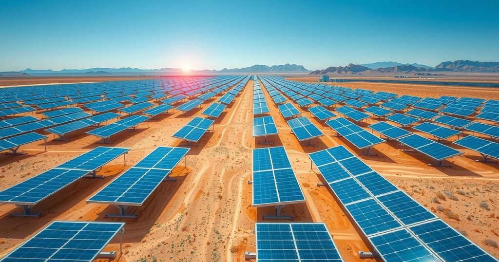 A vast solar energy farm in a desert landscape, showcasing photovoltaic panels under a clear blue sky in Chile.