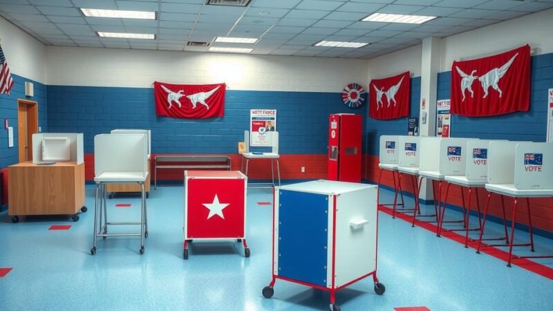 New Jersey polling station with voting booths, ballot boxes, and an electoral backdrop.