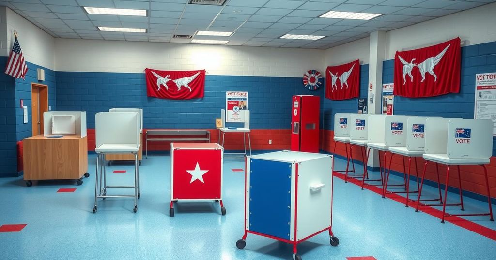 New Jersey polling station with voting booths, ballot boxes, and an electoral backdrop.