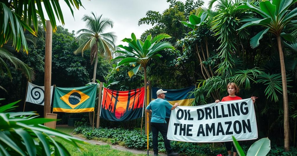 Protests against oil drilling near the Amazon, emphasizing environmental concerns with banners and greenery.