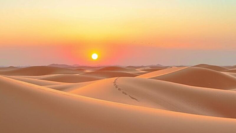 A serene desert landscape symbolizing hope with soft light illuminating the horizon, featuring warm earthy tones.
