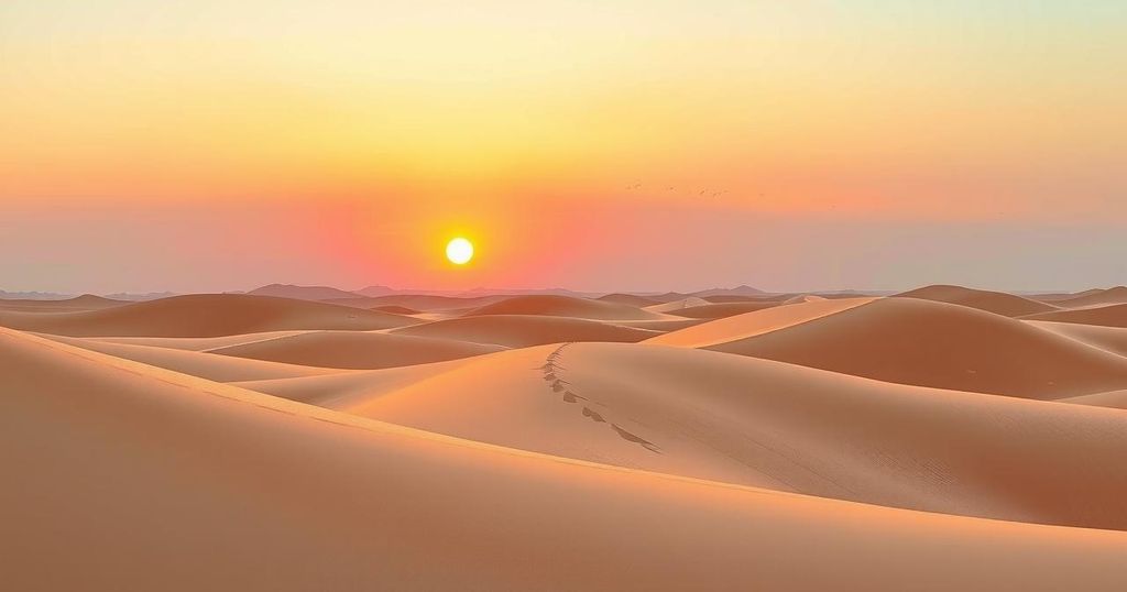 A serene desert landscape symbolizing hope with soft light illuminating the horizon, featuring warm earthy tones.