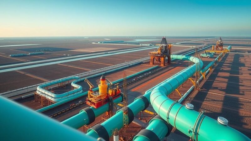 LNG export projects depicted with natural gas pipelines, oil rigs, and vast landscapes in blue and green hues.