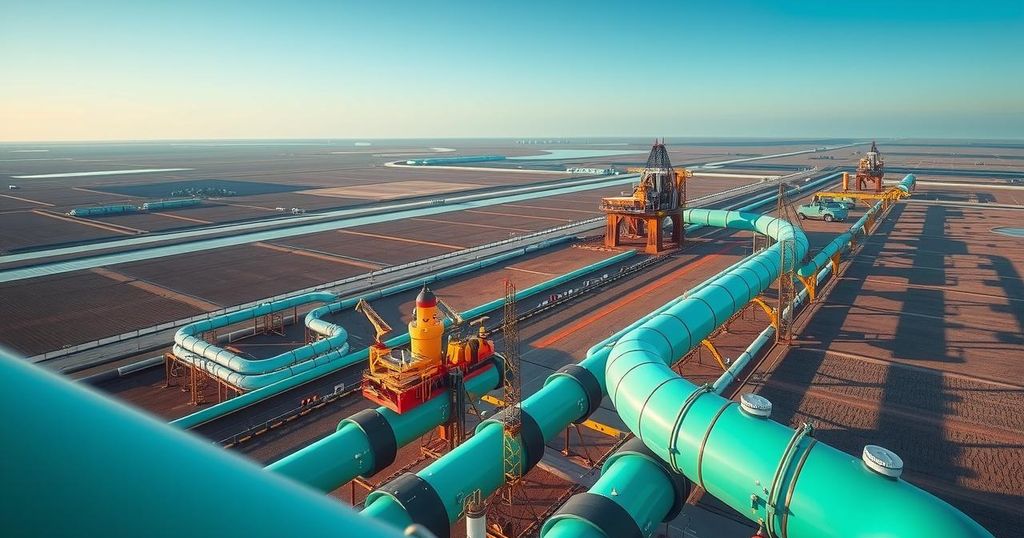 LNG export projects depicted with natural gas pipelines, oil rigs, and vast landscapes in blue and green hues.