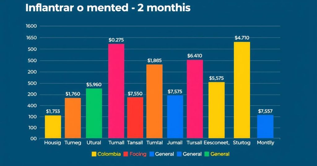 A graph depicting Colombian inflation trends with colorful bars and lines illustrating economic changes over twelve months.