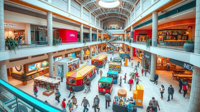 A vibrant shopping mall showcasing various retail spaces and eateries in a modern architectural style.