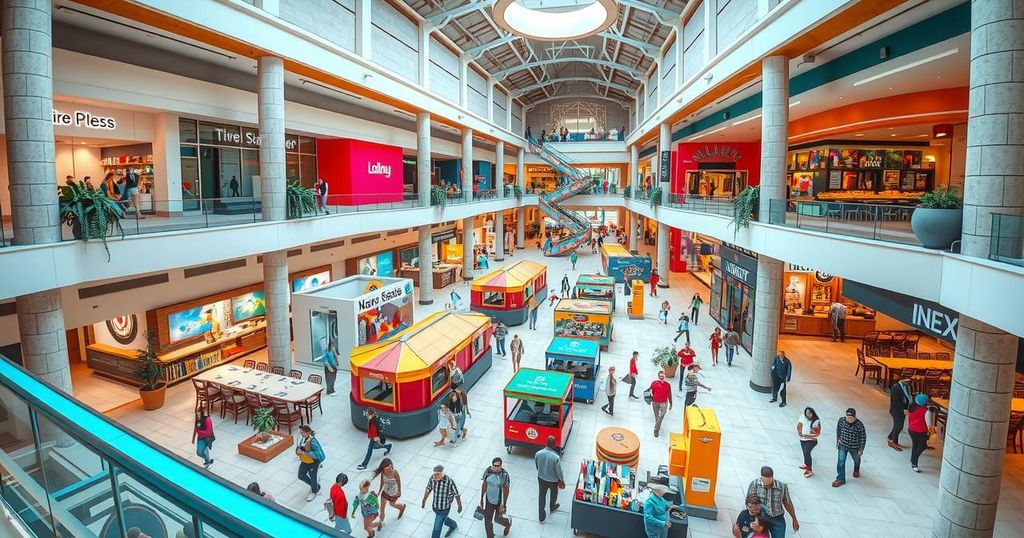 A vibrant shopping mall showcasing various retail spaces and eateries in a modern architectural style.