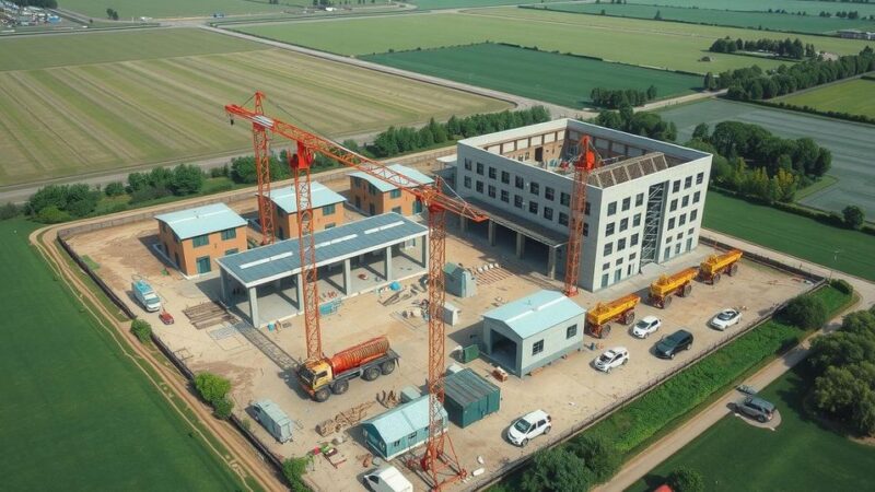 Aerial view of a factory expansion site with construction of dormitories and facility in a peaceful rural landscape.