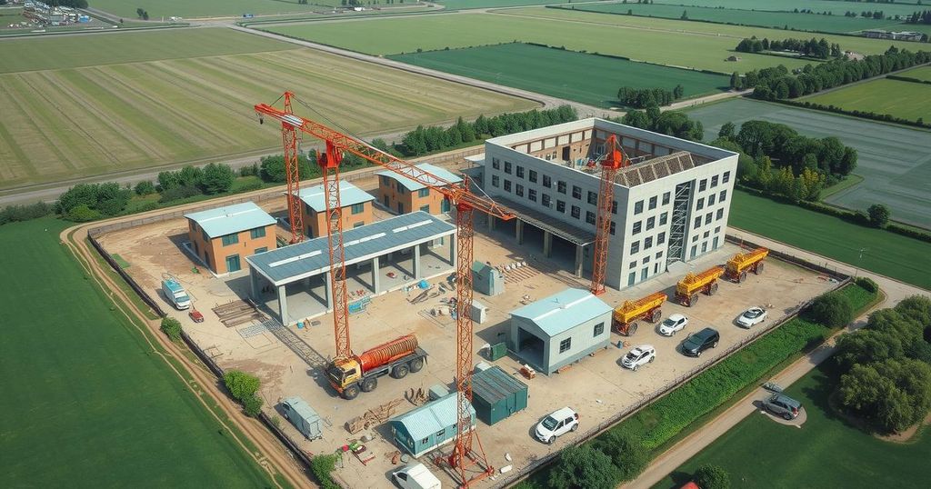 Aerial view of a factory expansion site with construction of dormitories and facility in a peaceful rural landscape.