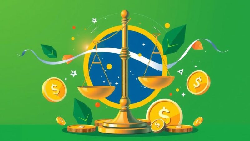 Brazilian fiscal policy theme with a symbolic scale and balance elements, featuring green and yellow colors.