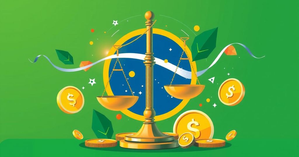 Brazilian fiscal policy theme with a symbolic scale and balance elements, featuring green and yellow colors.