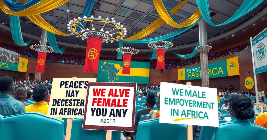 A vibrant summit venue with colorful decorations, banners highlighting female empowerment, and peaceful protest signs nearby.